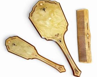 1930s Art Deco Celluloid Vanity Set w Decorative Inlay