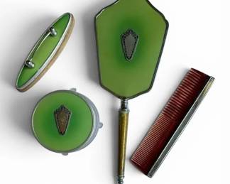 Green Art Deco Vanity Set Mirror, Comb, Powder Jar, Nail Buffer