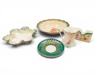 Green Gold Floral Scrolled China Bowls, Tea Saucer, Creamer Pitcher, More
