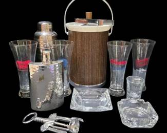 Vintage Kromex Ice Bucket Tongs, Cocktail Shaker, Glasses, More Barware