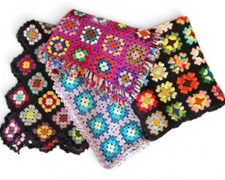 Four Vintage Crochet Granny Square Afghan Blankets