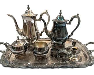 Detailed SilverPlated Tea Set w Serving Tray Candle Holders