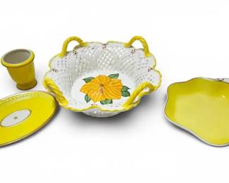Portuguese HandPainted Signed Articulated Hibiscus Bowl, Yellow Italian Dishes, Ceramic Plate