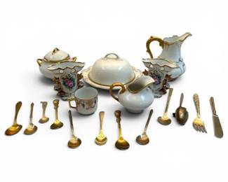 White Gold Porcelain Tea Set w Brass Utensils V.A. Portugal, GDA France, Johnson Bros, M. Redon