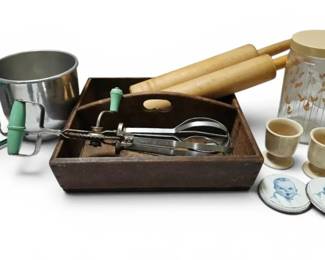 Antique Wood Cutlery Caddy, Rolling Pins, Flour Sifter, More