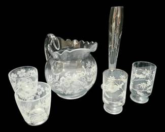 Etched Glass Weighted Sterling Silver Bud Vase, Pitcher, Glasses w White Flower Design