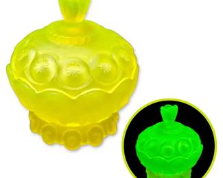 L.G. Wright Vaseline Uranium Satin Glass Moon Stars Compote