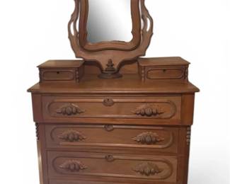 Antique VictorianStyle Walnut Dresser w Ornate mirror