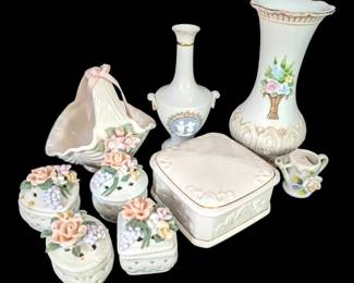 Floral Porcelain Vases, Basket, Trinket Boxes