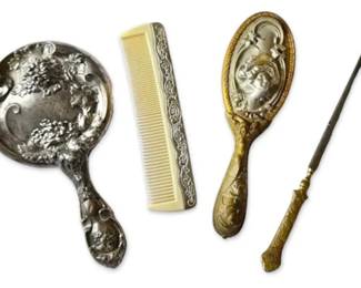 Art Nouveau Antique Vanity Set Mirror, Brush, Comb, Letter Opener