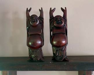 Pair of carved wood happy Buddha’s