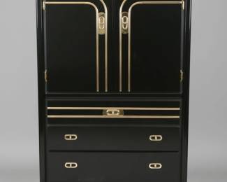 s Postmodern Black Lacquer Armoire with Gold Trim