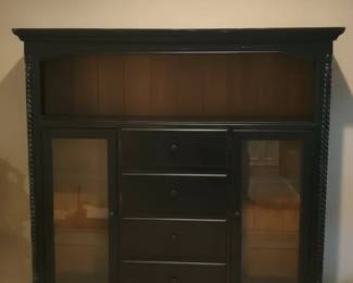 Traditional Black Wood China Cabinet with Rope Molding and Four Drawers