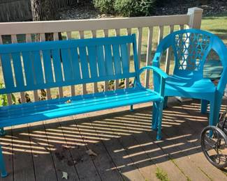 Turquoise Metal Garden Bench and Blue Plastic LatticeBack Chair