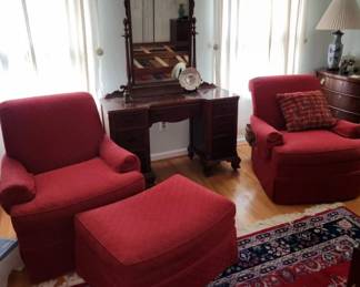 Pair of very comfortable chairs w 1 foot stool/ottoman. Chairs $75 each, ottoman $40