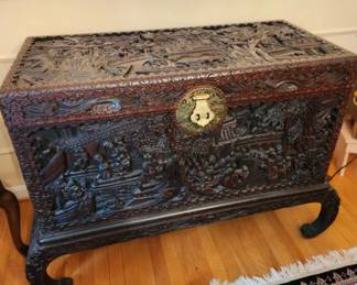 Antique, carved camphor chest. Made in Panama but purchased in China in the 1960s