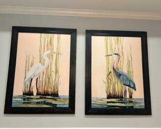 Gene Rizzo signed prints, “Egret” and “Blue Heron” each are 39” x 51” framed