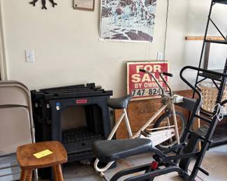 exercise equipment, folding chairs, saw horses