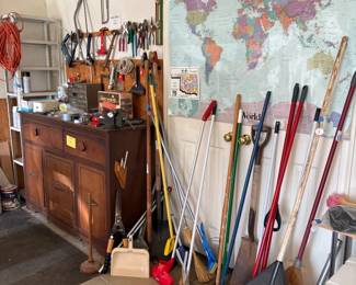 tools, cabinet, brooms and mops