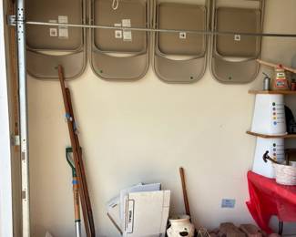 folding chairs, flower pots, yard tools