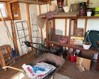 tomato cages, wheel barrow, 