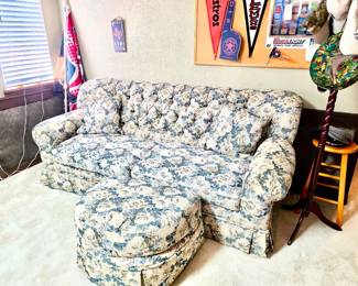 Grand millennial grandmother style sofa with matching ottoman