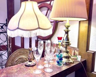Crystal wine glasses and Bar glasses with brass lamp