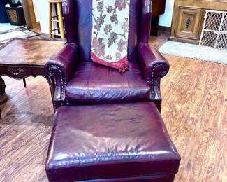 Leather wing Baack armchair with matching ottoman