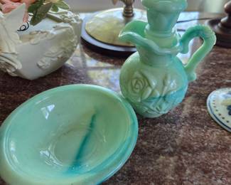 Vintage Avon Green Rose Pattern Creamer and Bowl Set