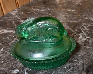 Vintage Green Slag Glass Rabbit on Nest Covered Dish