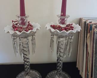 Vintage Clear Glass Candlestick Holders with Ruffled Milk Glass Bobeches and Crystal Prisms