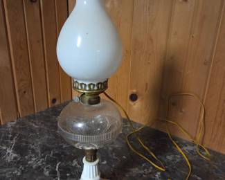 Vintage Electrified Milk Glass and Pressed Glass Oil Lamp with Hand-Painted Roses