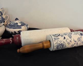 Vintage Blue Willow Pattern Tea Set and Hand-Painted Rolling Pins