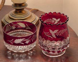 Bohemian Cut to Clear Ruby Glass Bowl and Vase Set