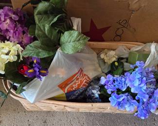 Assorted Artificial Hydrangea and Iris Floral Arrangement in Woven Basket