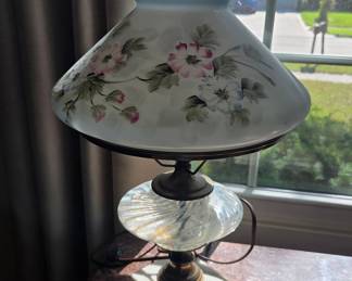 Vintage Hand-Painted Floral "Gone With The Wind" Style Hurricane Lamp with Swirl Font and Marble Base