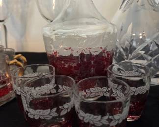 Vintage Luminarc Ruby Red Glass Decanter and Cordial Set with Grape and Gold Leaf Motif