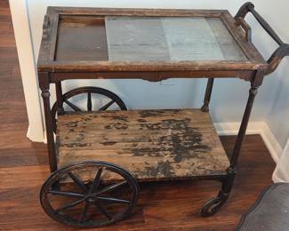 Vintage Wooden Tea Cart with Wagon Wheels