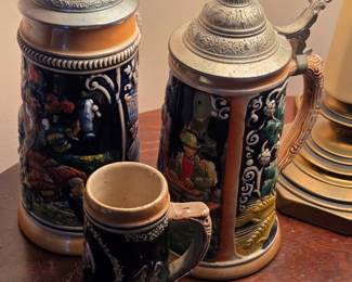 Vintage German Stoneware Beer Steins with Pewter Lids and Musical Movements