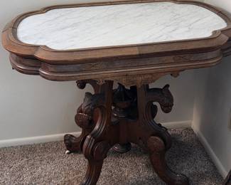 Victorian Walnut Marble-Top Center Table with Griffin Base, attributed to Thomas Brooks