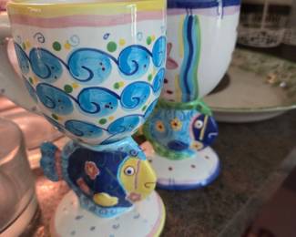 Bella Casa by Ganz Hand-Painted Ceramic Fish Pedestal Egg Cups
