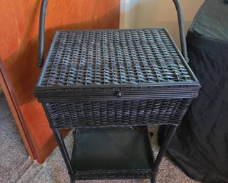 Vintage Wicker Sewing Basket Stand / Bar Cart