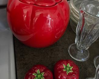 Vintage Pantry Parade Tomato Cookie Jar and Salt & Pepper Shaker Set