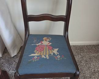 Victorian-Style Carved Rose Back Child's Side Chair with Needlepoint Seat