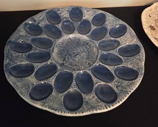 Antique Majolica Oyster Platter - Blue Glaze with Foliage, Seaweed, and Shell Motifs