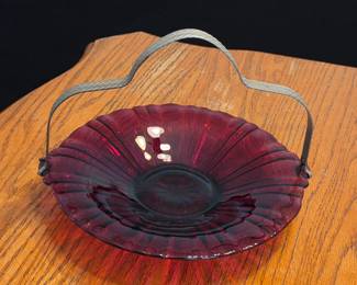 Vintage Anchor Hocking Old Cafe Ruby Red Glass Basket with Metal Handle