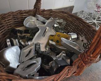 Vintage Assorted Metal Cookie Cutter Collection in Wicker Basket