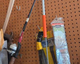 Estate Sale Assortment: Fishing Rod/Reel, Yardworks Saw, and Mr. Bar-B-Q Food Tent