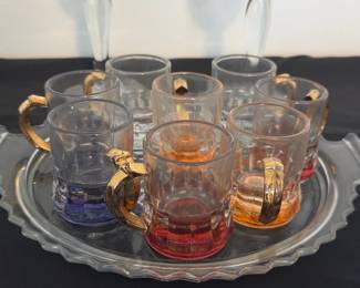 Vintage Federal Glass Mini Beer Mug Shot Glasses with Gold Handles and Tray
