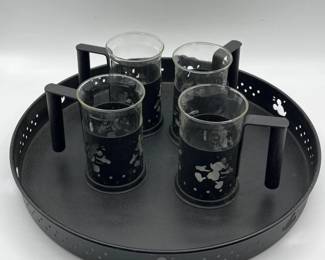 126 5PcVintageMickeyMouseMetalGlassCupsServingTray